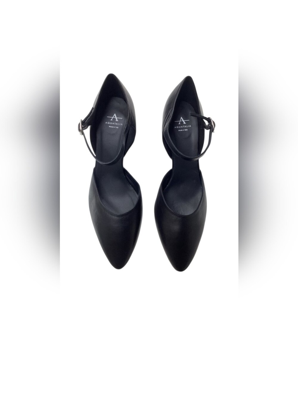 Aquatalia Penelope Black Leather Pointed D'Orsay Ankle-Strap Heels